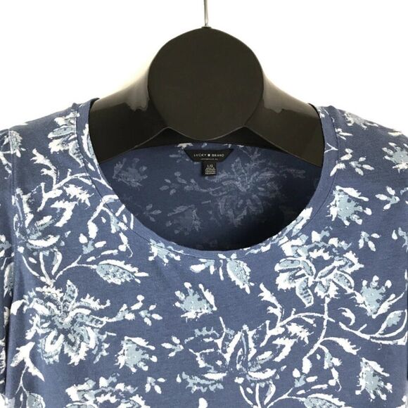 Lucky Brand Floral Scoop Neck Tee Women's Large Blue Stretch Knit Casual Summer - Picture 2 of 11